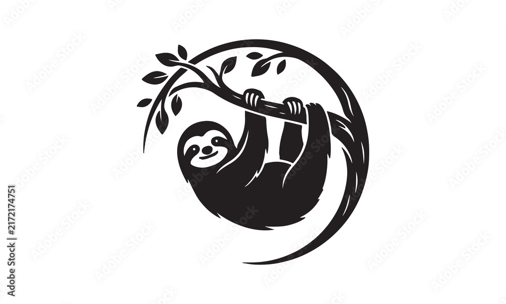 Naklejka premium Minimalist black and white illustration of a cute sloth hanging from a circular tree branch design