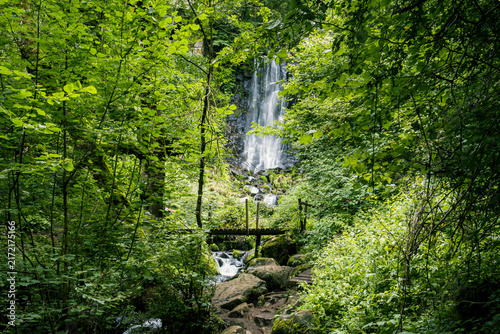 Scenic hiking trail leading through lush forest to Cascade de Vaucoux in the Massif du Sancy, Auvergne, France, highlighting outdoor adventure, nature tourism and exploration.
