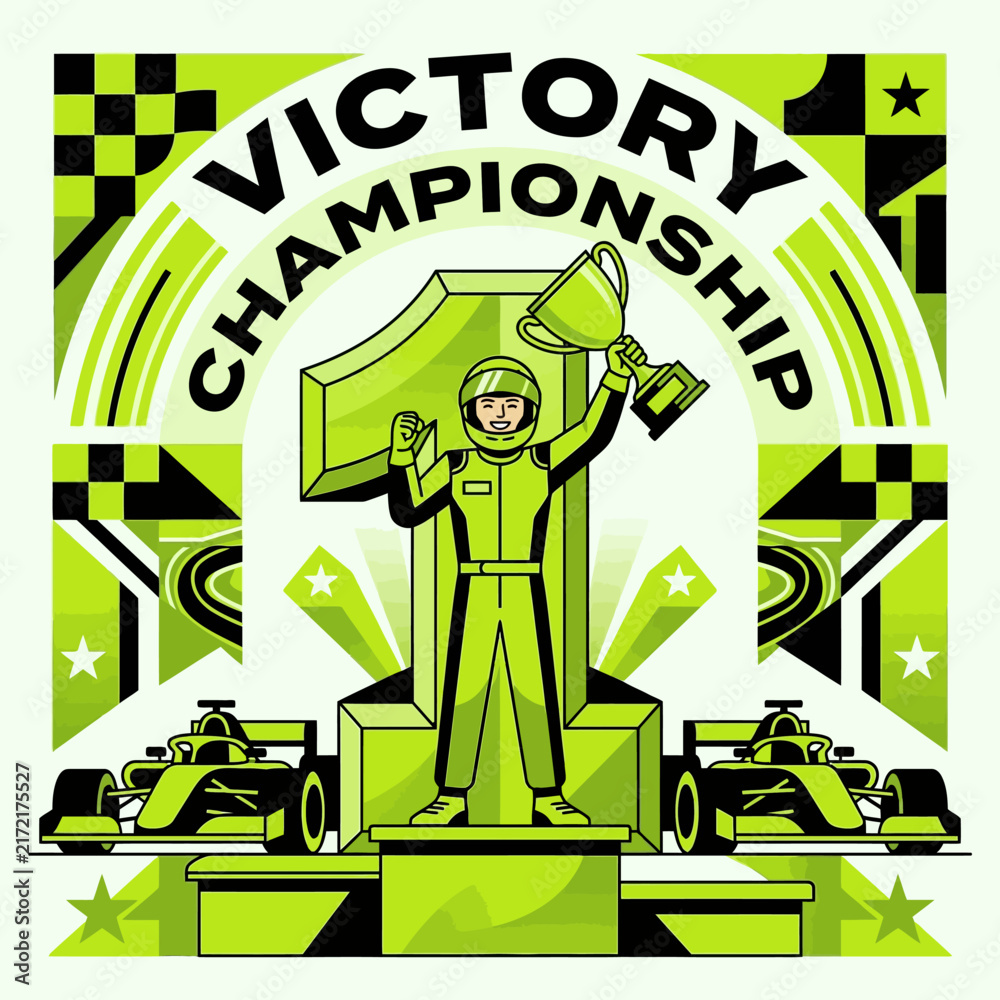 Naklejka premium Champion Racer Celebrates Victory With Trophy On Podium Surrounded By Race Cars