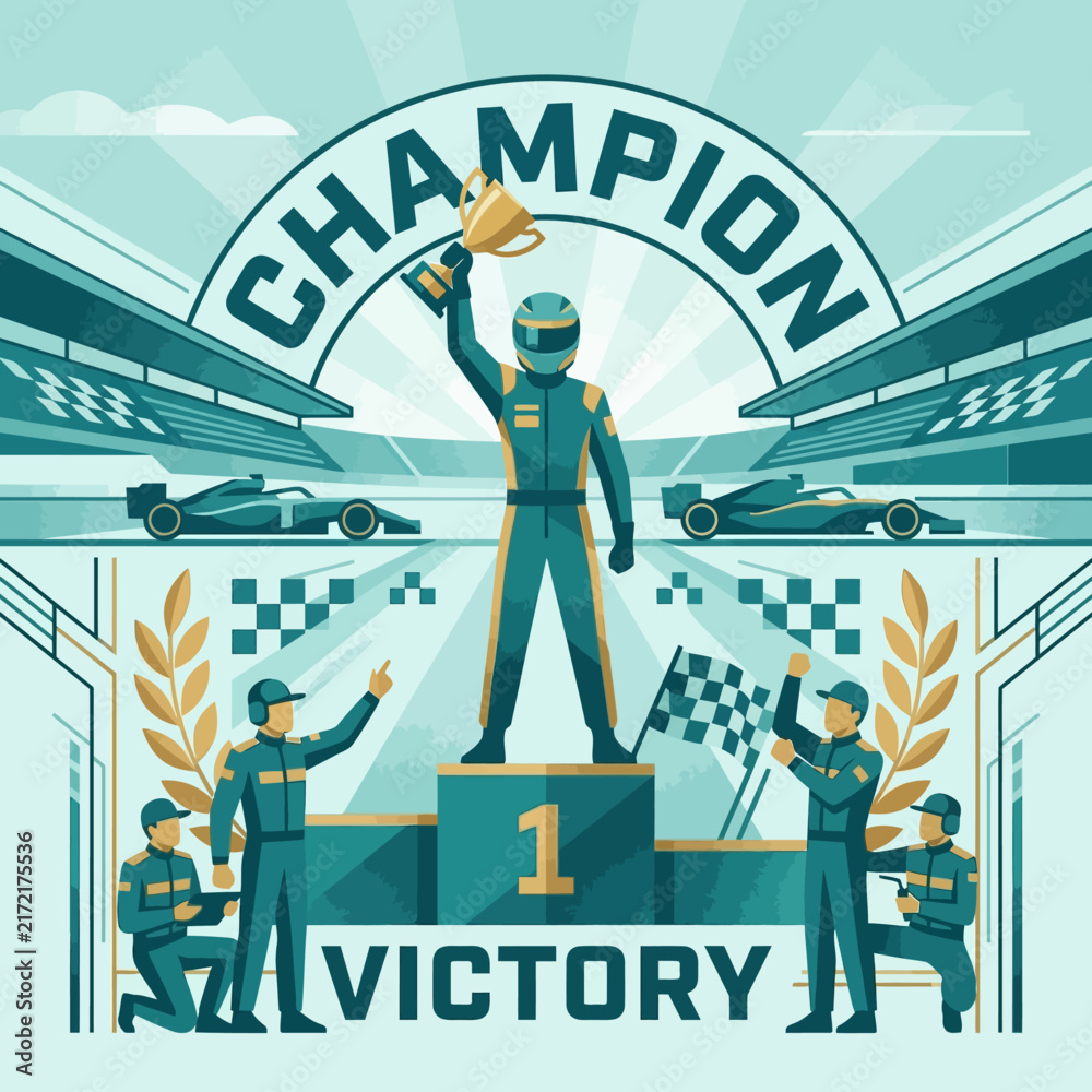 Fototapeta premium Champion Racer Celebrates Victory On Podium With Trophy And Racing Cars