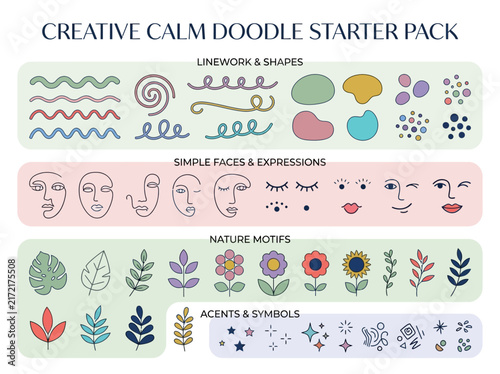 Creative calm doodle starter pack illustration set containing abstract line art faces, botanical leaves and symbols