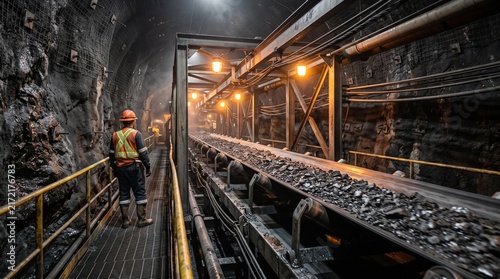 Miners working in a dark underground coal mine tunnel.