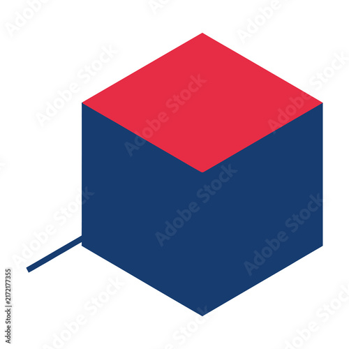 Isometric blue and red cube illustration with geometric design on white background