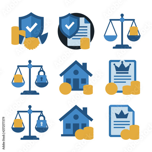 Set of Finance and Law Icons Including Scales, Shield, House and Coins