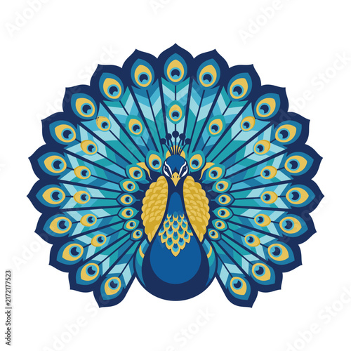 Vibrant Peacock Bird With Colorful Feathers Displaying Tail Plumes Isolated On White Background