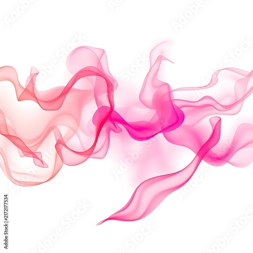 A flowing abstract composition of soft pink and red smoke ribbons swirling on a clean white background, with delicate transparent textures
