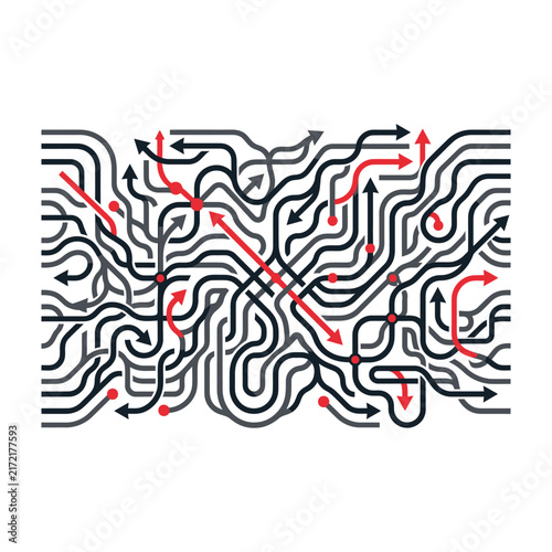 Complex Labyrinth Maze Design With Red And Black Directional Flow Lines