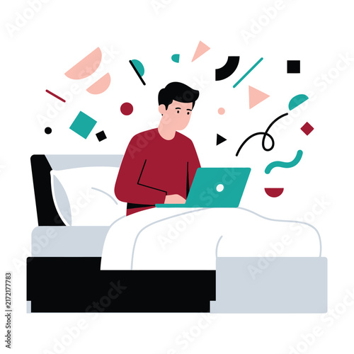 Young man working on laptop while sitting in bed, remote work concept, digital nomad lifestyle, home office illustration