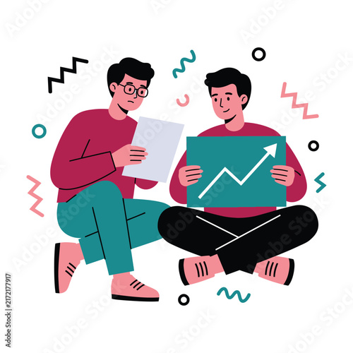 Two businessmen analyzing data and charts in colorful illustration sitting together