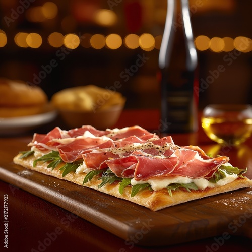 Freshly Made Pizza with Prosciutto, Arugula, and Olive Oil Drizzle