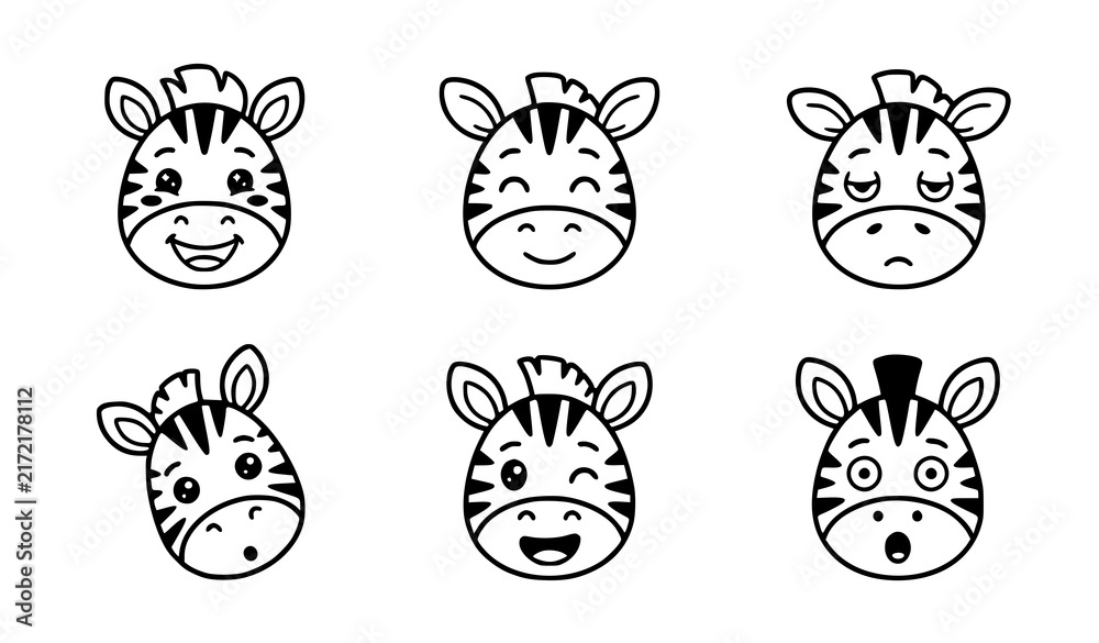 Obraz premium Cute hand drawn collection of zebra faces with different hairstyles, expressions and playful cartoon character designs
