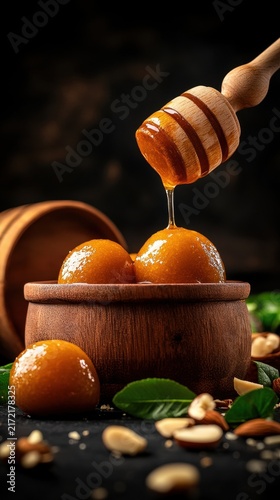 Delicious Golden Sweets with Honey Drizzle in Rustic Bowl