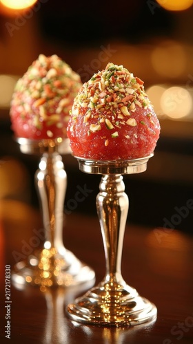 Colorful Dessert Served on Elegant Silver Stand with Nuts Decoration