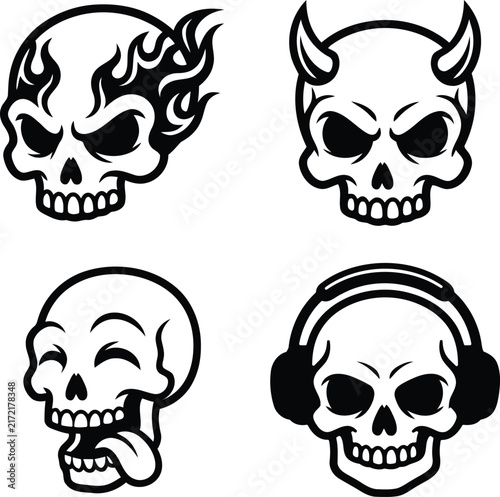 Collection of four unique cartoon skull illustrations in bold black and white line art, featuring fiery, horned, laughing, and headphone-wearing skull designs. Perfect for Halloween, horror, gothic ar