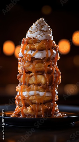Towering Dessert with Cream, Caramel Sauce, and Whipped Topping