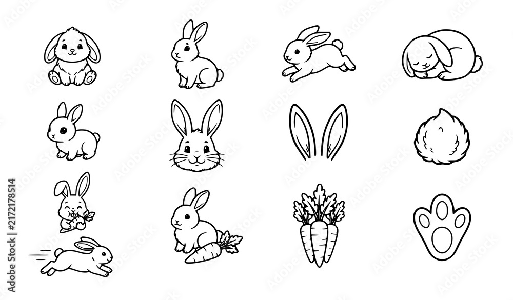 Fototapeta premium Cute hand drawn collection of rabbits and bunny characters in different playful poses and expressions