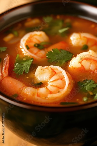 Fresh Shrimp Soup with Herbs and Spices in Black Bowl