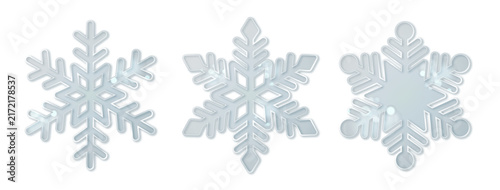 Realistic 3D snowflake crystal with translucent ice texture and frosty details, isolated on white background for winter holiday designs and festive decorations.