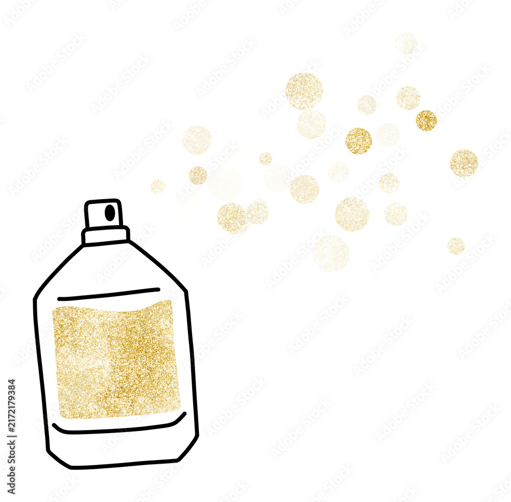 Obraz premium Golden perfume bottle with sparkling bubbles. Magical fragrance spray