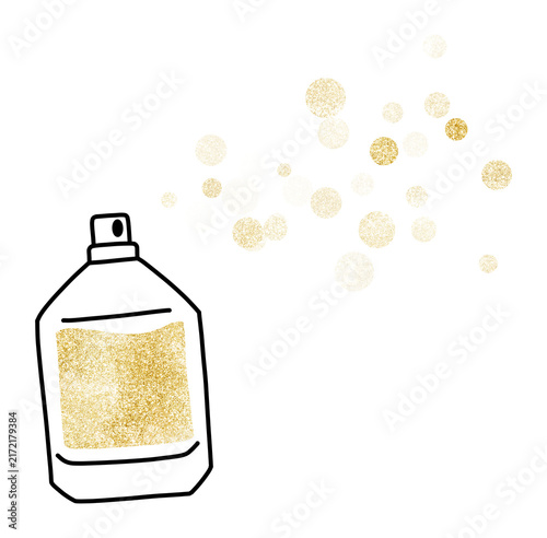 Golden perfume bottle with sparkling bubbles. Magical fragrance spray