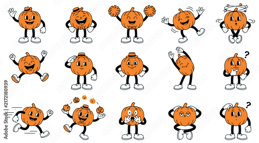 Obraz premium A collection of cute cartoon pumpkin characters showing various emotions and poses for a fun halloween holiday design project