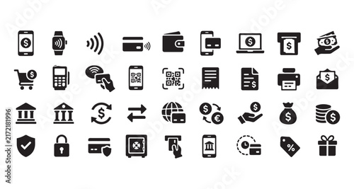 Banking and finance icons set, 36 black solid vector symbols for online payment, digital wallet and money transfer interface design