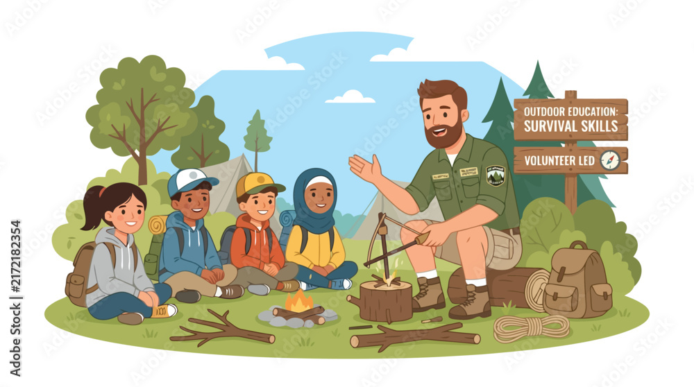 Fototapeta premium Volunteer guide teaching survival skills and fire starting to diverse group of children outdoors vector