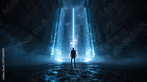 Futuristic Sci-Fi City with Silhouette Figure and Light Beam