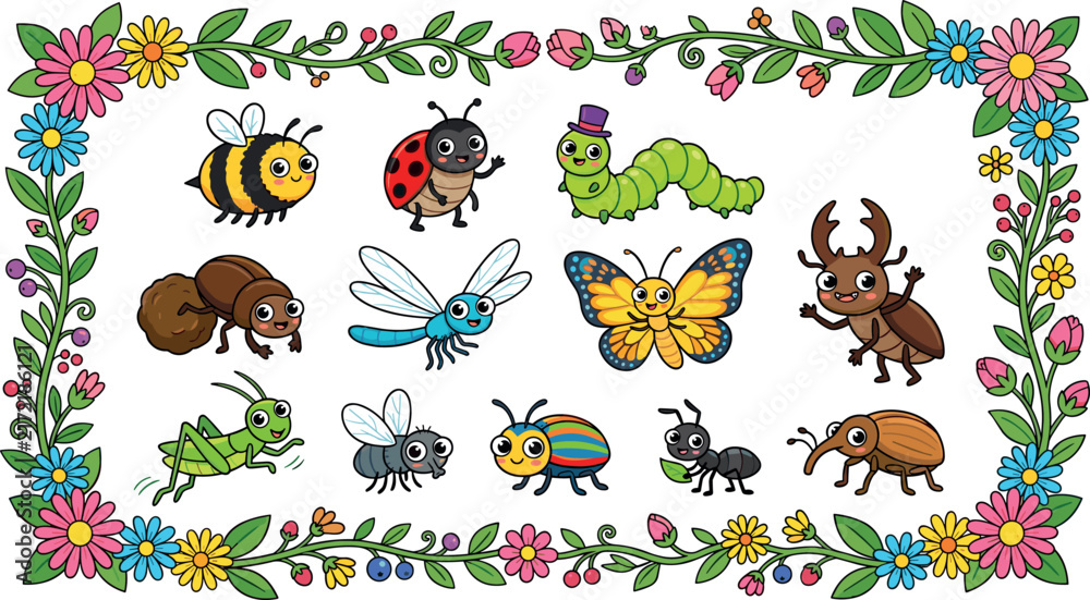 Obraz premium Cute Cartoon Insects and Bugs Collection Set with Floral Border Frame for Kids Education Kindergarten Activities and Children Book Illustration