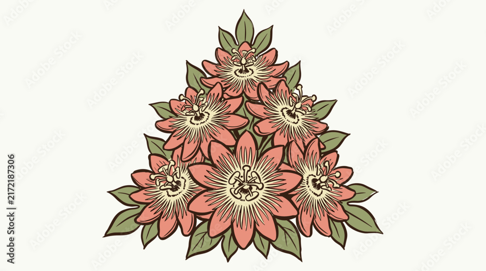 Fototapeta premium Vintage passionflower botanical floral bouquet. Tropical flower print design for shirt and textile. Hand drawn exotic garden plant illustration. Muted pink bloom art.