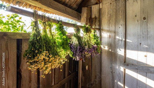 Dried herbs hanging in a rustic wooden shed.
