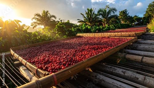 Sunset over drying cocoa beans on wooden racks in tropical farm.