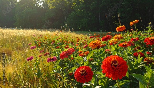 Vibrant Red Zinnias in a Sunlit Meadow at Dawn.