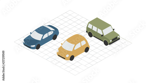 Isometric vector illustration of three different passenger cars parked on a perspective grid background.