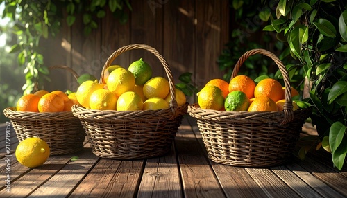 Fresh citrus fruits in wicker baskets on wooden table.