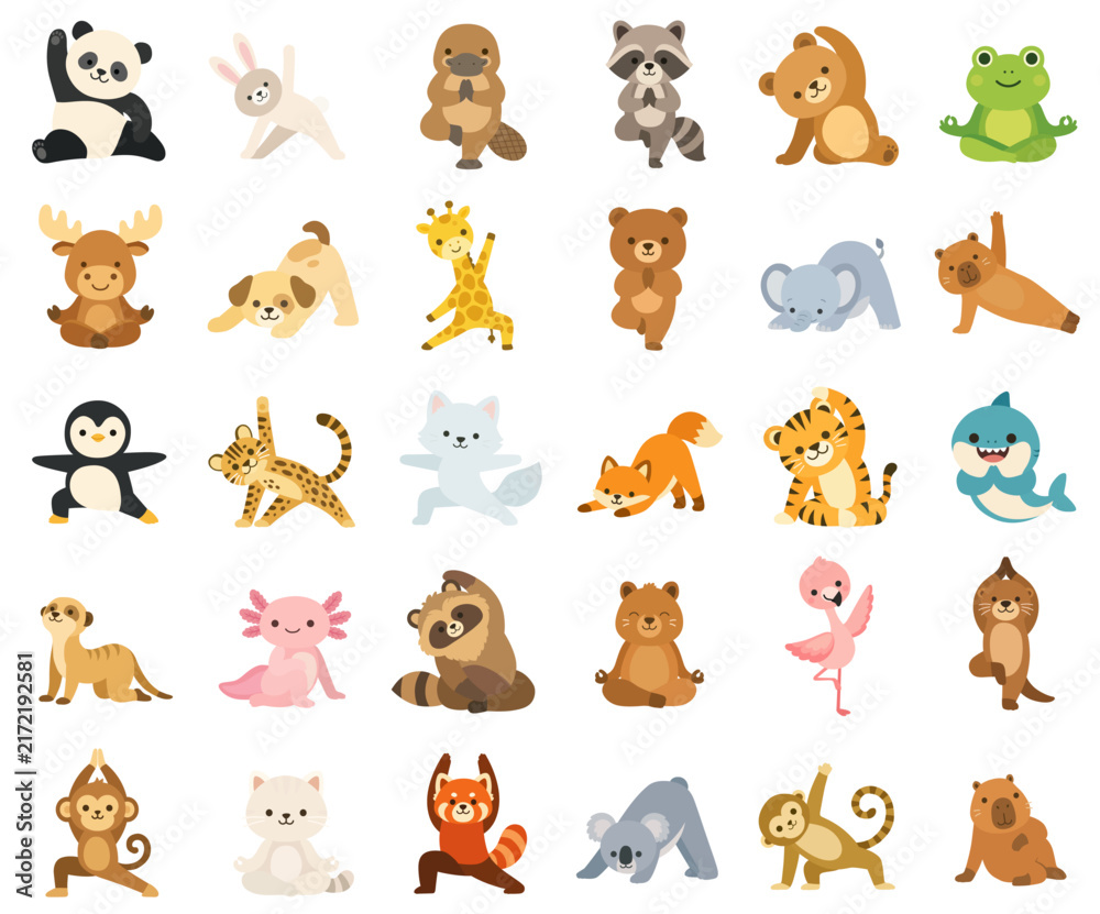 Obraz premium Cute Cartoon Animals Practicing Yoga and Meditation