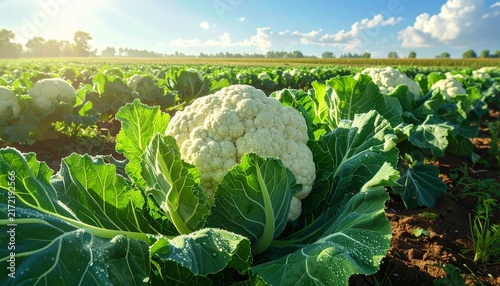 Fresh cauliflower growing in a sunlit organic farm field.