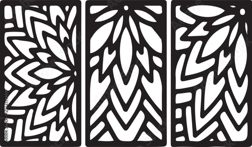 Minimalist black decorative panels featuring intricate geometric floral patterns