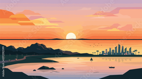 Modern Flat Vector Illustration of Coastal City Skyline at Sunset Horizon