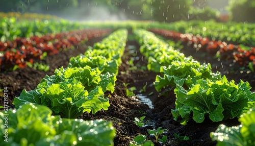 Fresh green leafy vegetable rows in organic farm field.