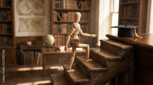 A symbolic and inspiring image of a wooden puppet climbing stairs to a mortarboard representing the journey of education hard work and achieving graduation. wooden puppet climbing stairs to the