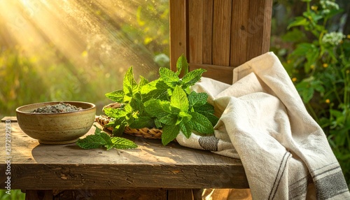Sunlit Herbs and Linen on Rustic Wooden Table.