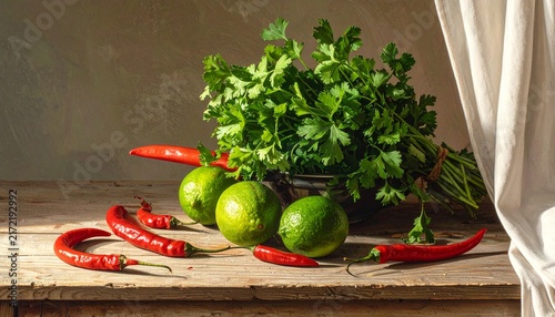 Fresh cilantro limes and chili peppers on wooden table.