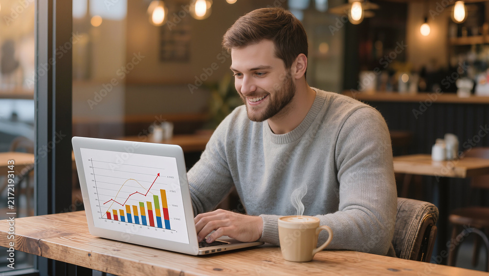 Fototapeta premium Smiling man working on laptop with financial graph in cafe