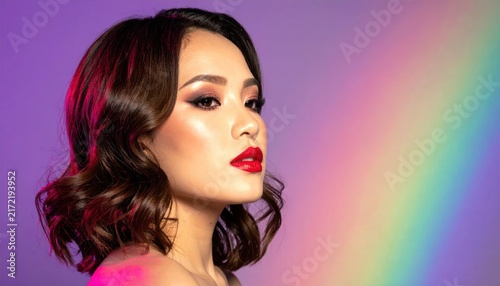 Profile of beautiful woman with red lips and rainbow light.