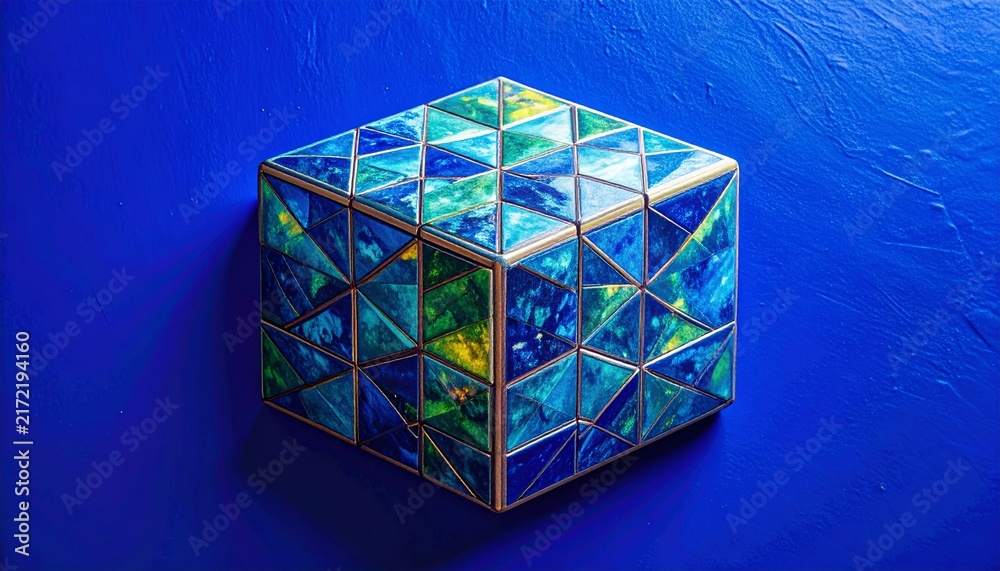 Obraz premium Colorful Geometric Glass Cube on Blue Background.