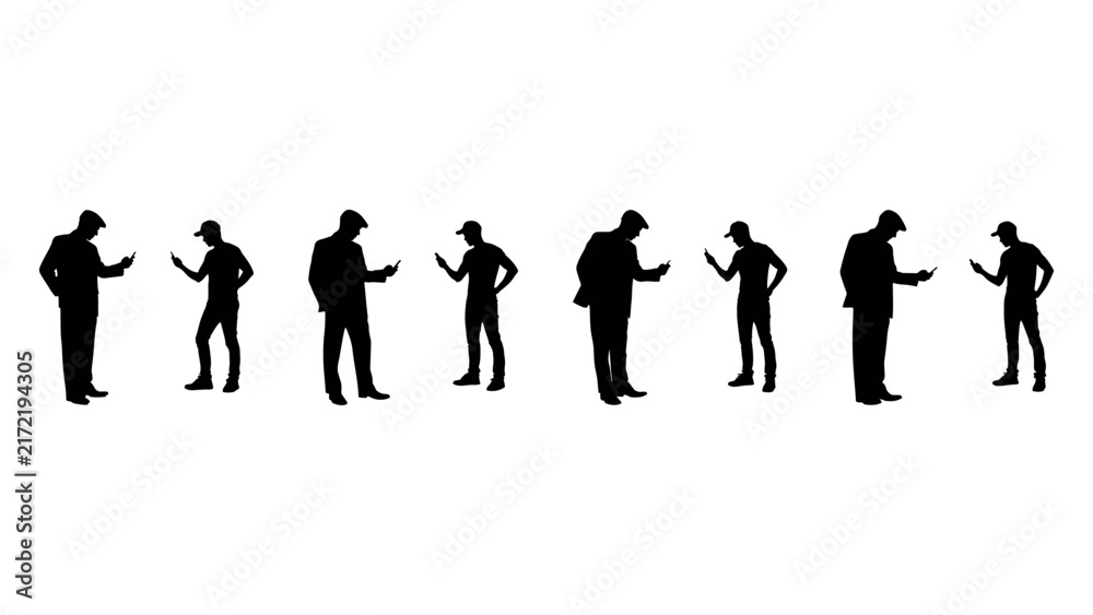Fototapeta premium Man standing silhouettes looking at mobile phone set in various casual poses vector graphic.