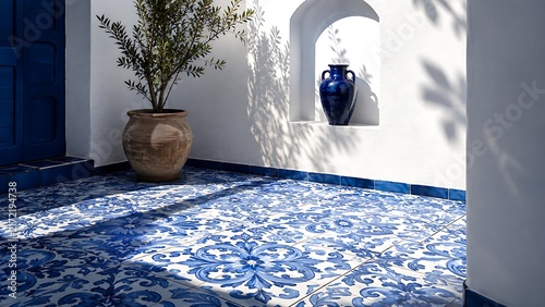 Mediterranean courtyard with blue and white patterned tiles and potted plant