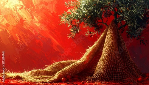 Mystical Tree with Glowing Roots in Red Ambient Light.