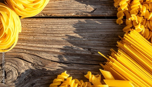 Assorted Pasta Shapes on Rustic Wooden Background.